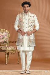 Pearl White Silk Floral Printed and Sequin Worked Jacket Indo Western Set